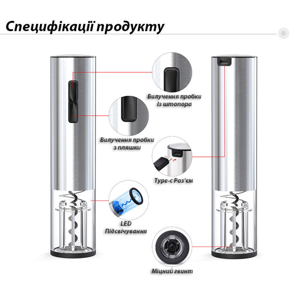 Акумуляторний електричний коркотяг WineOpener Type-C