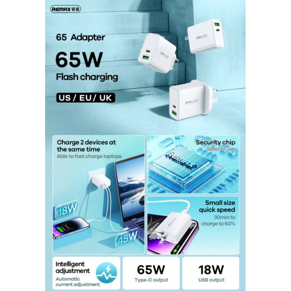 Зарядний пристрій 65W REMAX 65W Kiddy Seriess 1C+1A GaN Charger RP-U125