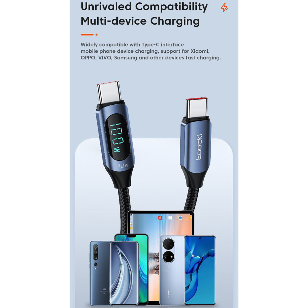 Кабель  Type-c - Type-c 100W 2М Toocki Display PD3.0 QC4.0 FCP AFC Чорний