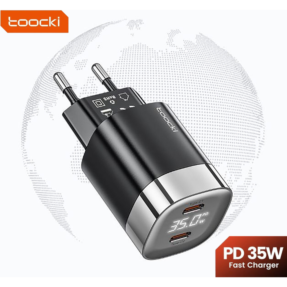 Мережевий зарядний пристрій Toocki 35W GAN  Display TCT35-06EU (2 x type-c) Чорне
