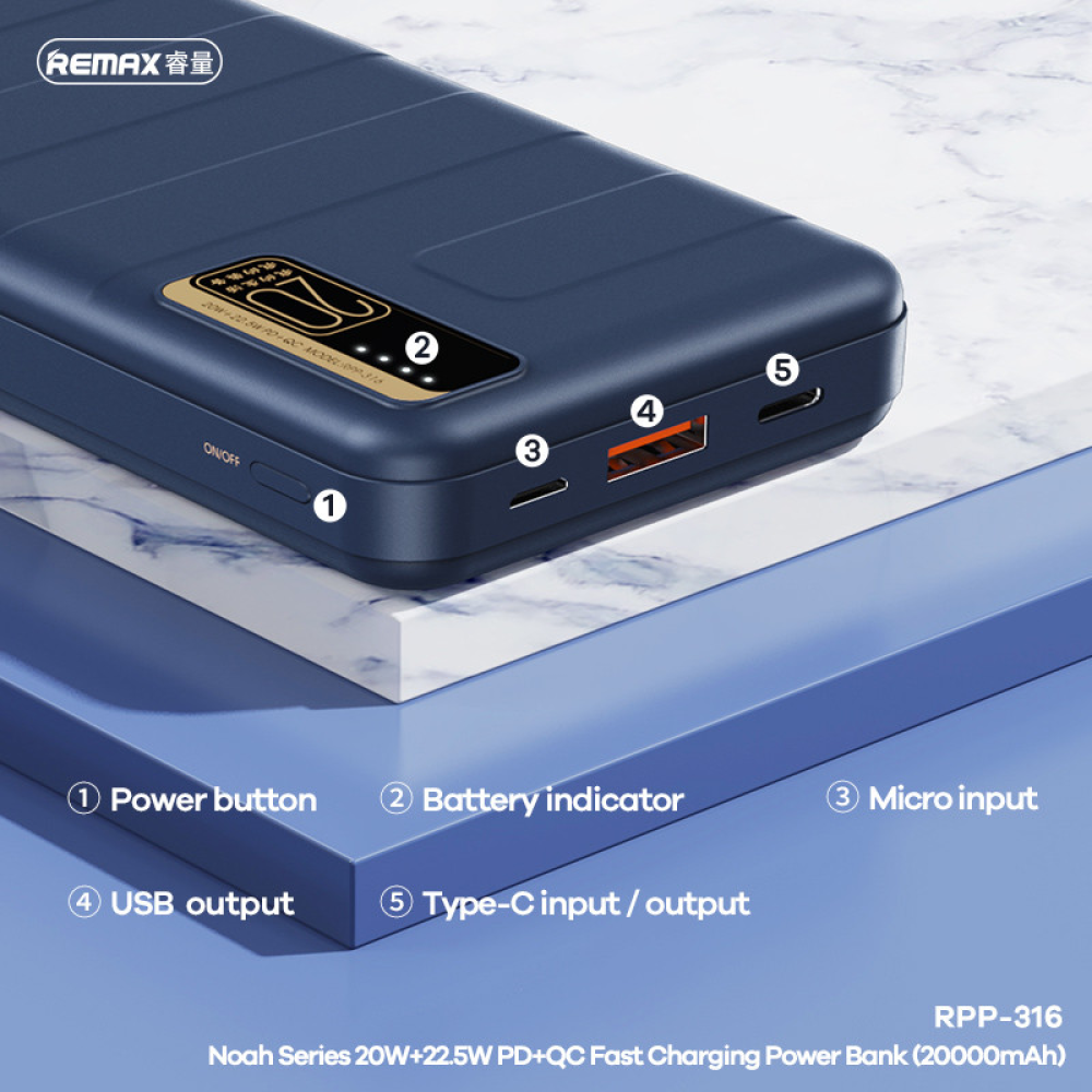 Powerbank 20000mAh 22.5W  Remax RPP-316  QC3.0 PD Швидка зарядка