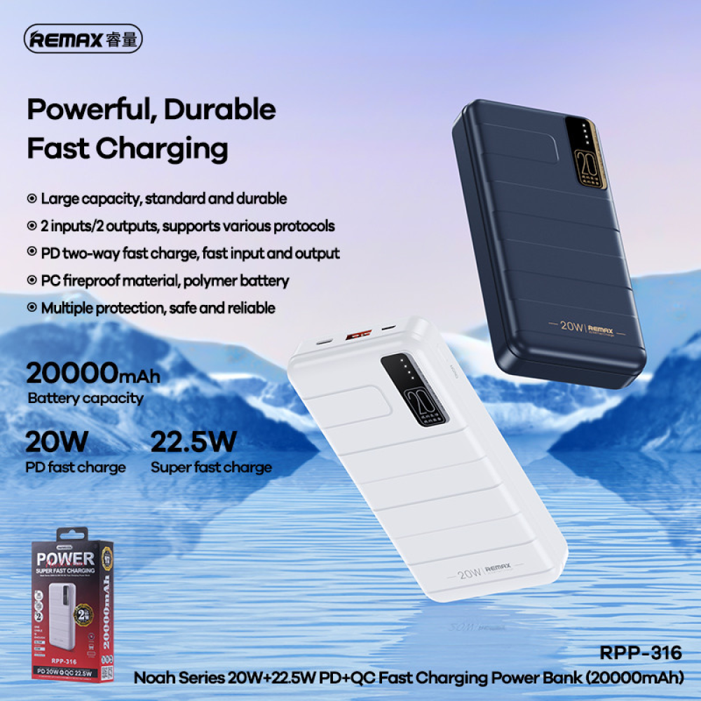 Powerbank 20000mAh 22.5W  Remax RPP-316  QC3.0 PD Швидка зарядка