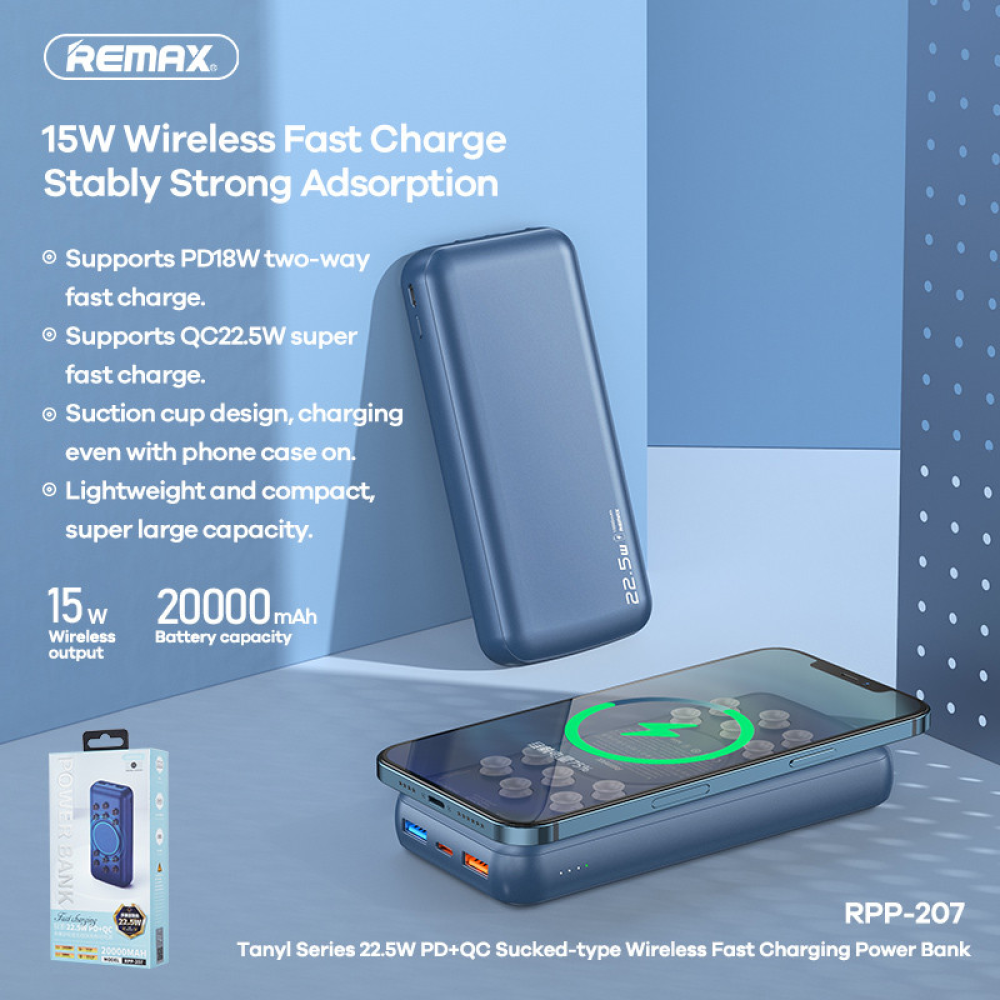 Powerbank 20000mAh 22.5W  Remax RPP-207  QC3.0 PD Швидка + бездротова зарядка