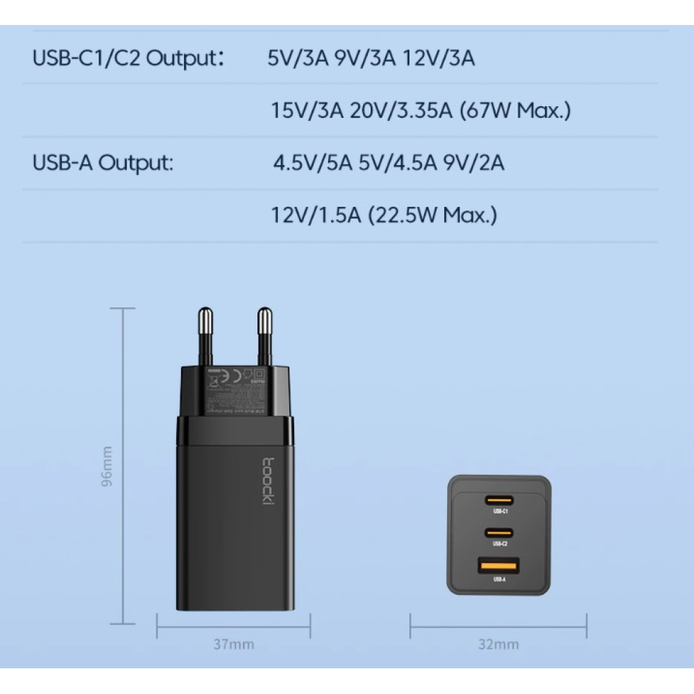 Мережевий зарядний пристрій Toocki 67W GAN (2xType-C + USB-A)