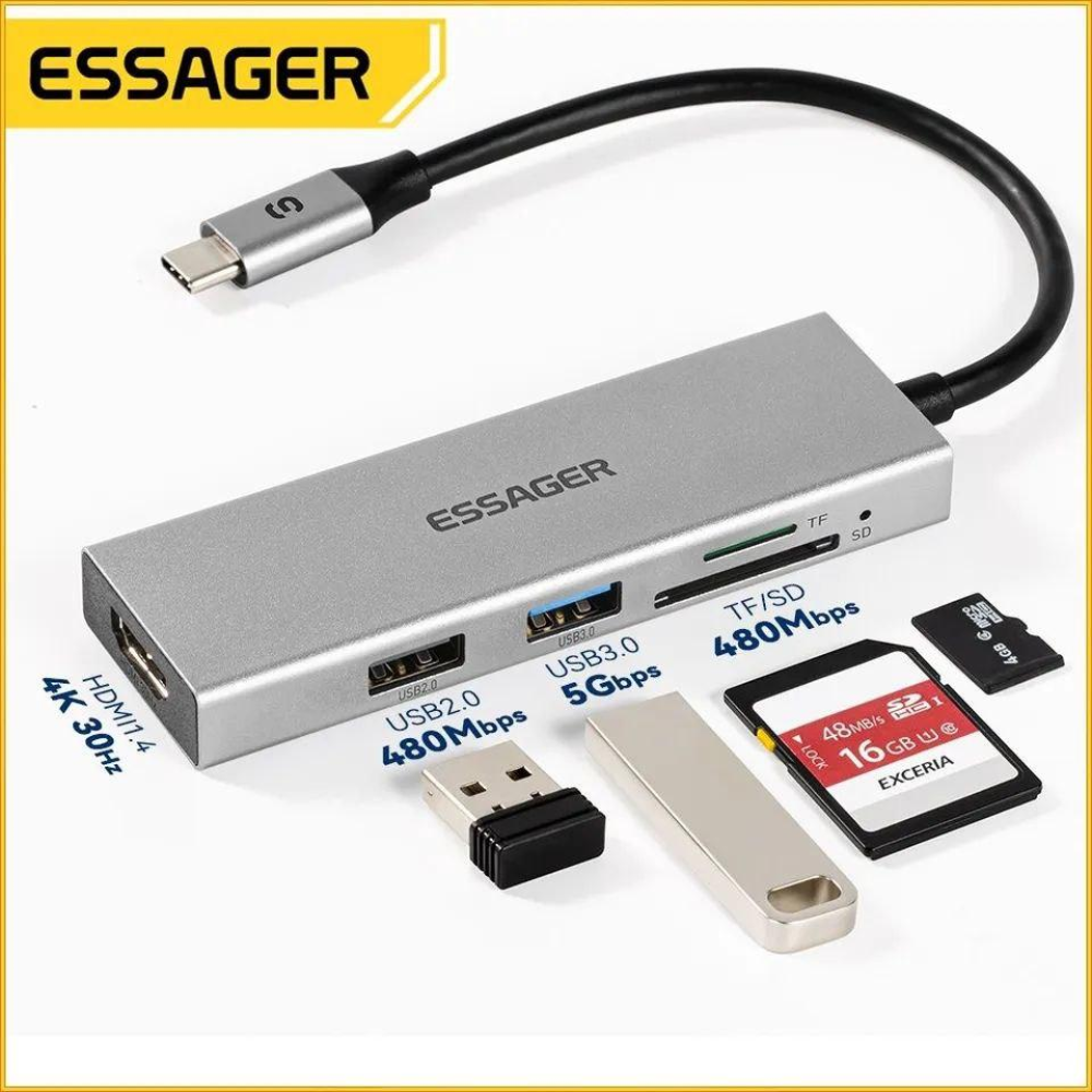 USB 3.0 хаб + кардрідер + конвертер HDMI 4K Essager. Перехідник Type-C - HDMI