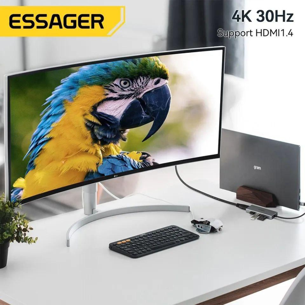 USB 3.0 хаб + кардрідер + конвертер HDMI 4K Essager. Перехідник Type-C - HDMI