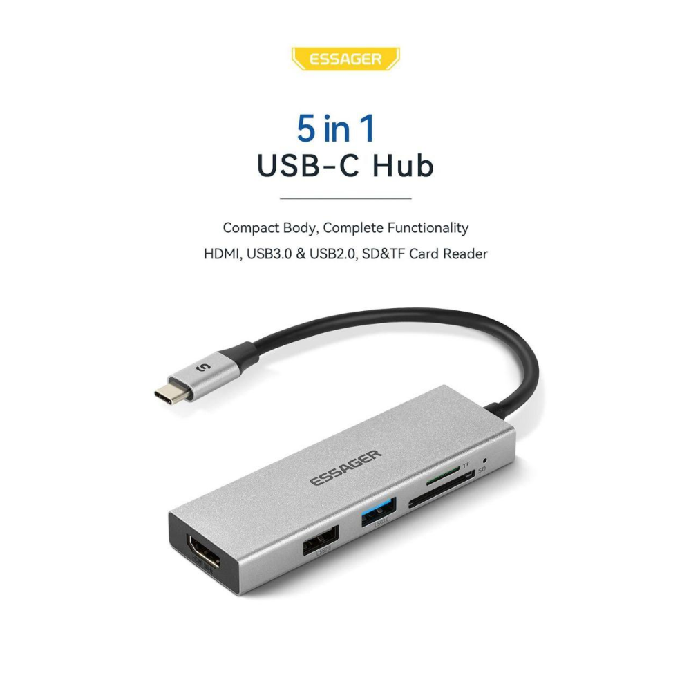 USB 3.0 хаб + кардрідер + конвертер HDMI 4K Essager. Перехідник Type-C - HDMI