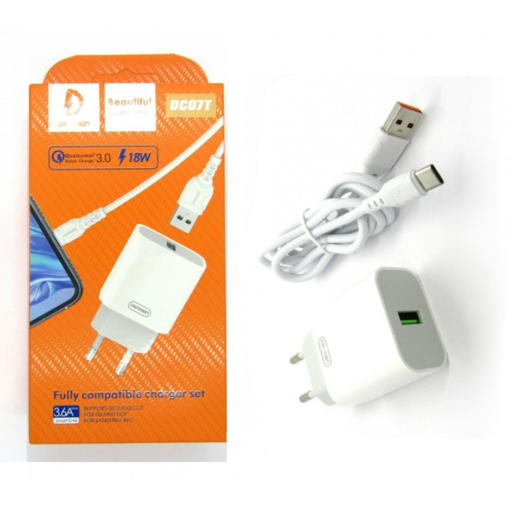 Мережевий зарядний пристрій Denmen DC07T QC3.0  AFC FCP SCP 3.6A (Швидка зарядка) Біле + Кабель Type-C 1m