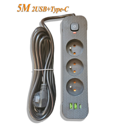 Мережевий фільтр-подовжувач 5м Power Strip 3 розетки 2xUSB-A 1xUSB-C із заземленням