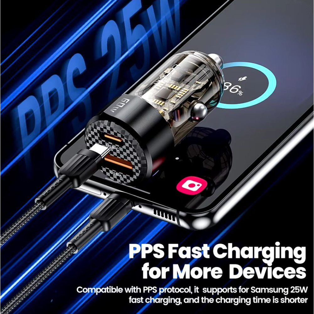 Автомобильное зарядное устройство 60W Toocki PD+QC 1C+1A Fast Car Charger