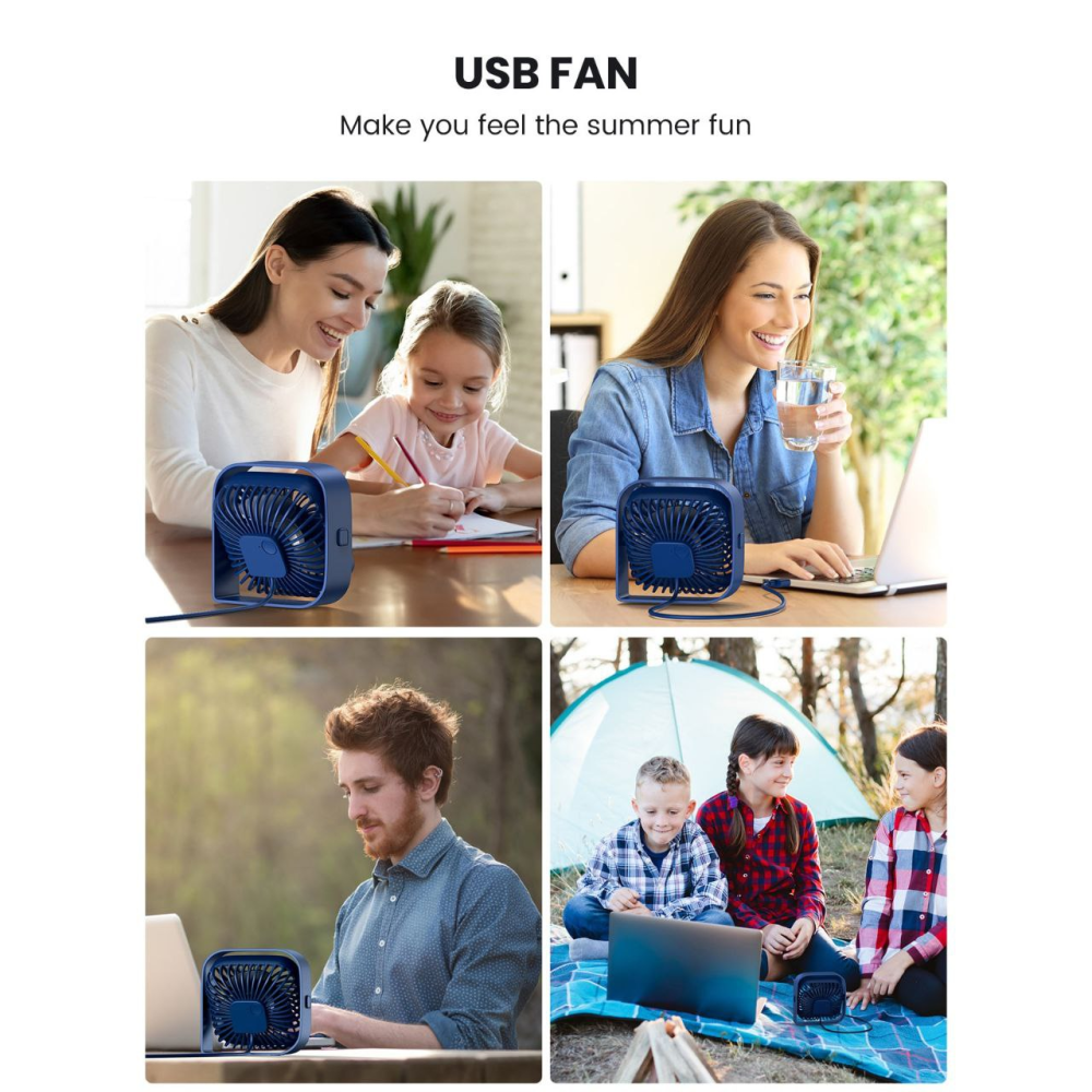 USB вентилятор портативний TOPK синій, 3 швидкості.